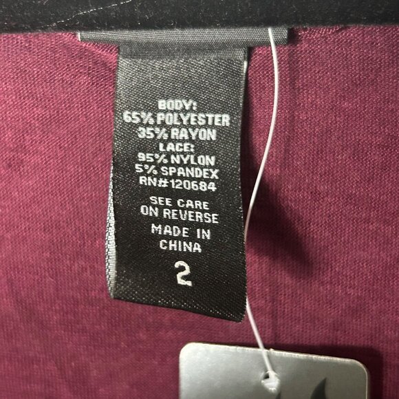 Torrid Womens 2 2X 18-20 Deep Merlot Lace Inset Top‎ 3/4 Sleeve Stretchy - Picture 3 of 9